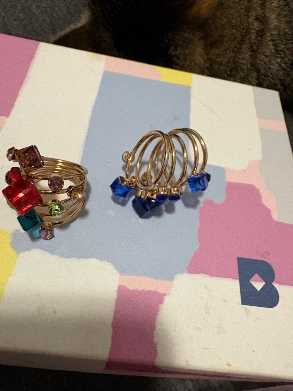 Fashion Jewelry Gold-Tone Rings with Blue, Red, Green and Purple Stones
